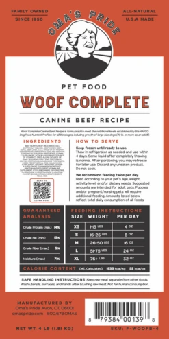 Oma's Pride Woof Complete Canine Beef Recipe -Peticlean Shop raw woofcomplete beef 4lb 22223 72095.1678740913